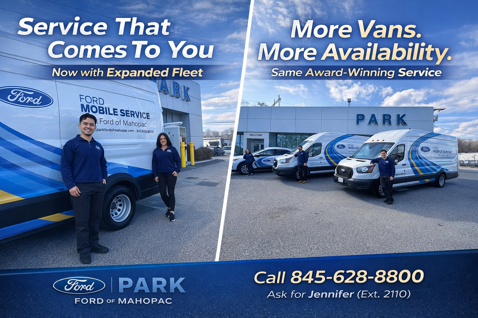 Two people standing beside a white Ford Mobile Service van with blue and yellow accents.